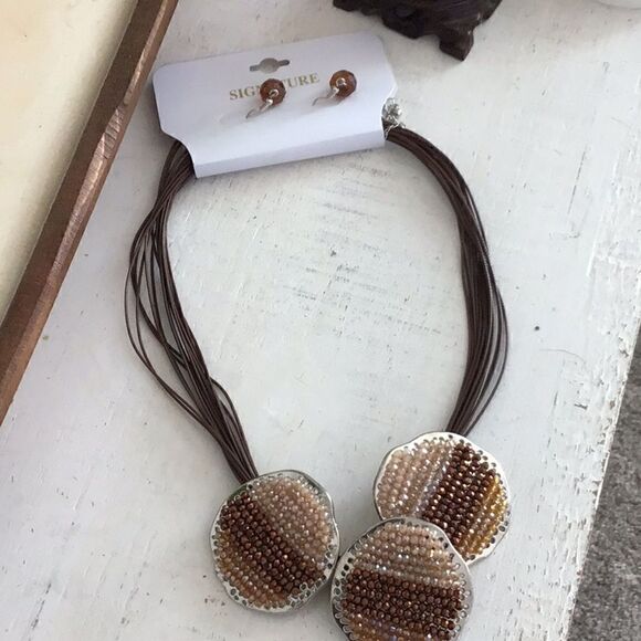 Signature NYC, Multi layers Brown Cord 3 Beaded Big Silver discs, & Earrings set - Picture 1 of 4